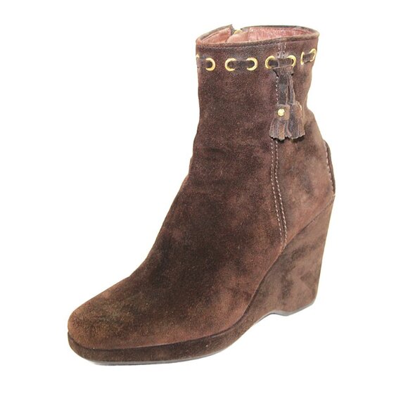 Original Car Shoe Prada Chocolate Suede Gold Tone Eyelet Wedge, Size 36.5 - Picture 6 of 11